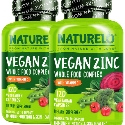 NATURELO Vegan Zinc Immune Support Capsules - Whole Food Complex with Vitamin C for Healthy Skin, Hair, and Nails - 120 Capsules (Pack of 2)