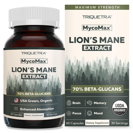 MycoMax Lions Mane Supplement - 70% Beta Glucans, Max Potency Organic Lion’s Mane Extract, US Grown + Ultrasonic Extraction - 500 mg serving - Supports Mental Clarity, Focus and Memory - 60 Capsules