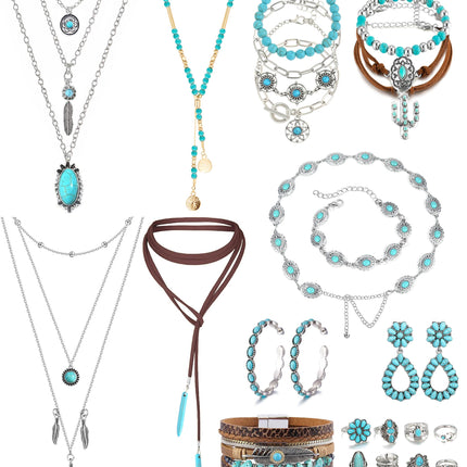 FEYIR Bohemian Turquoise Jewelry Set for Women Boho Turquoise Layered Necklace Bracelet Western Belt Stackable Ring Earrings Western Jewelry Accessories
