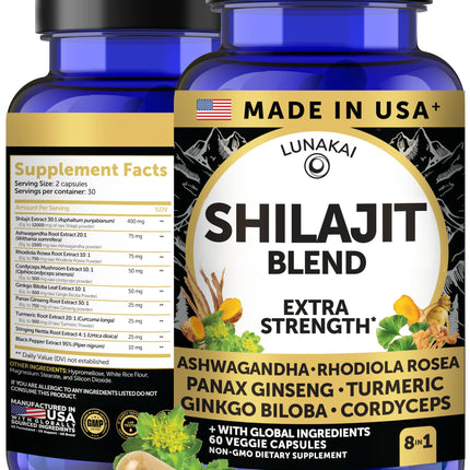 Lunakai USA Made Pure Shilajit Capsules with Ashwagandha, Rhodiola & Cordyceps - Extra Strength Shilajit Extract for Men & Women, 60ct