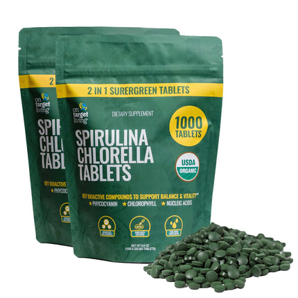 On Target Living Organic Spirulina Chlorella | USDA Organic | Vegan | Immune Support | Alkalyzing | Nutrient Dense | Protein Dense (2000 Tablets)