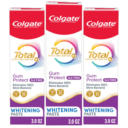 Colgate Total Active Prevention Gum Protect Whitening Toothpaste, 3 Pack, SLS Free Gingivitis Toothpaste for Bleeding Gums, Redness, Inflammation, Irritation, and Sensitivity, 3.0 oz