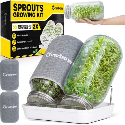 [LARGE SIZE] 2000ml(68oz) Seed Sprouting Mason Jar Kit with Stand,Drain Tray, Screen Lids,Blackout Sleeves,Good Ventilation & Drainage Capacity,Growing Fresh Organic Mung Beans,Broccoli & Microgreens