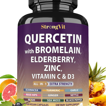StrongVit Quercetin with Bromelain, Elderberry, Vitamin C, D3 and Zinc. Super Immune Support Supplement. Organic Complex for Men & Women, Non-GMO, Gluten-Free, Vegan, USA (120 Capsules)