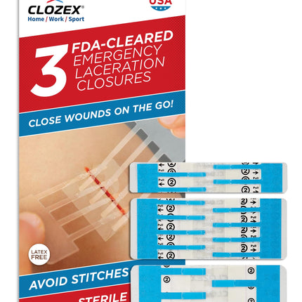 Clozex Emergency Laceration Closures - Repair Wounds Without Stitches, Skin Closure Device for 3 Individual Wounds Or Combine for Total Length of 4 1/4 Inches