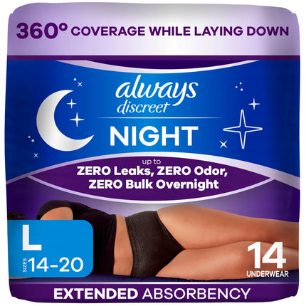 Always Discreet Overnight Adult Incontinence & Postpartum Bladder Leak Underwear for Women, Disposable, Small/Medium, 48 Count