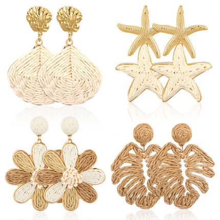 Nosiny 4 Pairs Rattan Earrings Beach Handmade Raffia Earrings Set for Women Bohemian Statement Earring Drop Dangle Summer Starfish Shell Monstera Daisy Flower Jewelry for Party Wedding Daily Travel