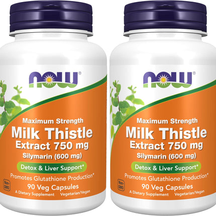 NOW Foods Milk Thistle Extract 750 mg Silymarin (600 mg), Maximum Strength - 90 Veg Capsules, (Pack of 2)