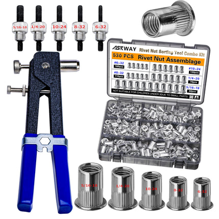ASKWAY SAE Pressure Rivet Nut Tool Kit 530pcs, Aluminum Rivet Nut inch