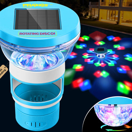 PRAXXIS Solar Chlorine Floater with Rotating Disco Light, Pool Chlorine Floater Adjustable Flow, Floating Chlorine Dispenser for Pool, Collapsible Chlorine Floater, Chlorine Floater for Hot Tub (Blue)