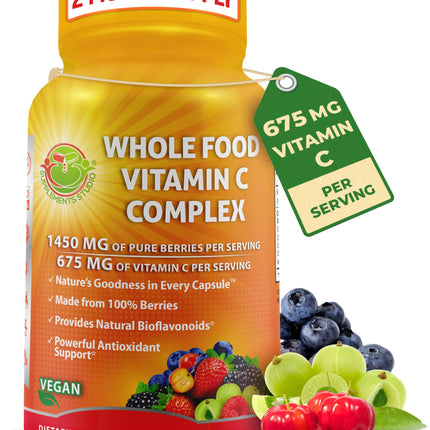 Whole Food Vitamin C Complex - 1450mg Organic Berries - 675 mg Vitamin C per Serving, High-Potency Antioxidant & Immune Support with Acerola, Amla and Natural Bioflavonoids - Vegan, Non-GMO, 120 Count