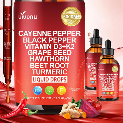 VivoNu Cayenne Pepper Softgels Supplement, Supports Leg Vein, Heart and Blood Vessel Health, with Vitamin E D3+K2 and Extracts of Grape Seed, Hawthorn, Beetroot, Berberine (Drops /2 Bottle)