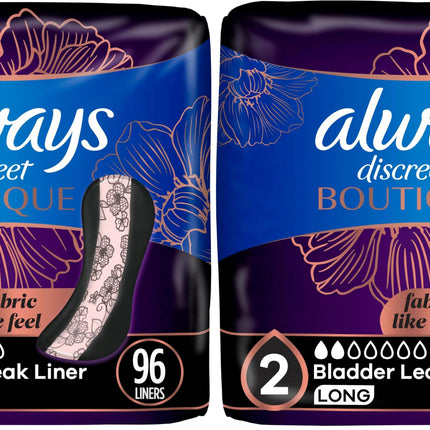 Always Discreet Boutique Incontinence Panty Liners for Bladder Leaks, Size 2, Very Light Absorbency, Long Length, 96 Count (Pack of 2)