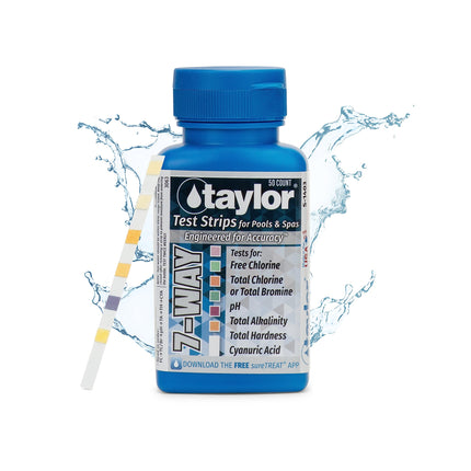 Taylor Technologies S-1403, 7-in-1 Pool and Spa Test Strips for Free & Total Chlorine, Total Bromine, pH, Total Alkalinity, Total Hardness & Cyanuric Acid, 50 Test Strips | Made in the USA