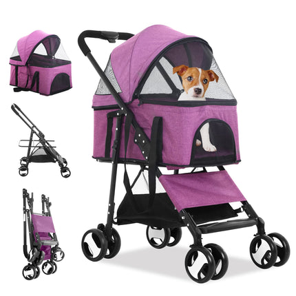 BLKMTY Dog Stroller 3-in-1 Folding Pet Strollers 4 Wheels Cat Stroller w/Storage Basket Dog Carrier Trolley One-Button Switch Travel Strollers with Safety Belt Detachable Carrier, Purple