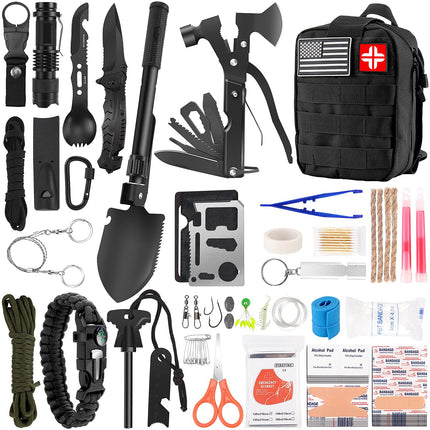 LUXMOM Survival Kit and First Aid Kit, 142Pcs Professional Survival Gear and Supplies Equipment with Molle Pouch, Gift for Fathers Day Men Dad Husband Camping Hiking Hunting Outdoor Adventure (Black)