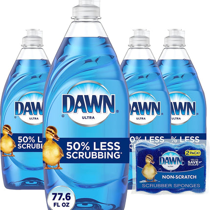 Dawn Ultra Dishwashing Liquid Dish Soap (4x19.4 Fl oz) + Non-Scratch Sponge (2 Count), Original Scent