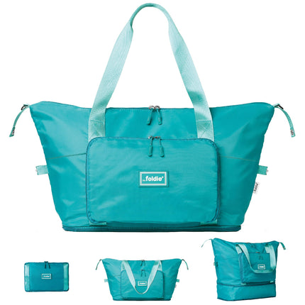 The Foldie Foldable Travel Tote Bag for Women - 40L Weekender Overnight Bag Duffel with Multiple Pockets and Luggage Sleeve - Airline-Approved Underseat Carry On Personal Item Travel Bag - Teal