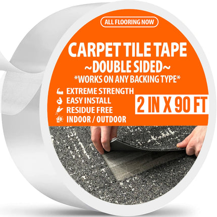 All Flooring Now Carpet Tile Tape Double Sided 2in x 90ft - Heavy Duty Reinforced Web Mesh & Residue Free - Indoor Outdoor for Carpet Tiles, Hardwood, Vinyl, Rugs, Carpet, Rubber, Turf & Mat Gripper