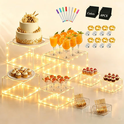8 Pcs Clear Acrylic Buffet Risers with LED Fairy Lights, Acrylic Food Risers with Mini Sign and Maker, Clear Buffet Risers and Stands for Party Catering Dessert Collectibles(9" 8" 7" 6" 5" 5" 4" 4" )