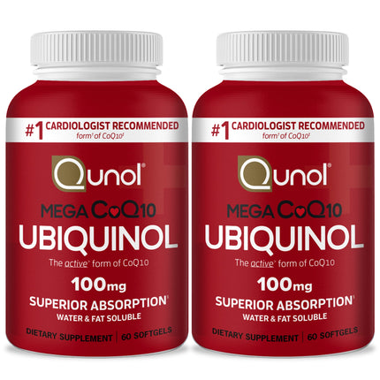 Qunol Mega Ubiquinol Coq10 100mg, Superior Absorption, Patented Water and Fat Soluble Natural Supplement Form of Coenzyme Q10, Antioxidant for Heart Health, 60 Softgels, Pack of 2