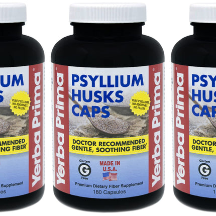 Yerba Prima Psyllium Husks Caps - 180 caps (Pack of 3) - Natural Fiber Supplement - Colon Cleansing - Non-GMO Gluten Free