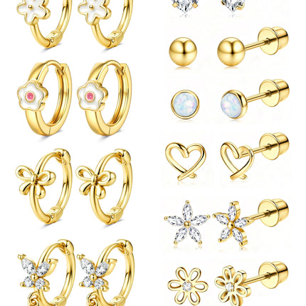 Hypoallergenic Screw Back Earrings for Girls Women - Surgical Steel 14K Gold Plated Cute Toddler Little Girl Kids Earrings for Sensitive Ears Heart CZ Flower Stud Hoop Earring Sets 10 Pairs