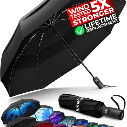 TUMELLA Strongest Windproof Travel Umbrella (Compact, Superior & Beautiful), Small, Wind-Tested, Light & Portable, Automatic Folding Rain Umbrella, Durable, Premium Grip, Fits Car & Backpack