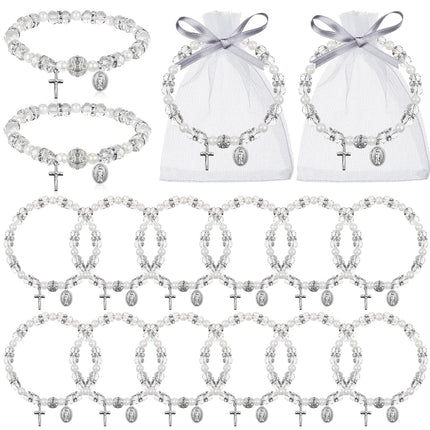 Taiyin 12 Pcs Rosary Bracelet Bulk with Mesh Bags, White Religious Rosary Bead Bracelet Catholic Bracelets, Baptism First Communion Gifts for Women (Silver)