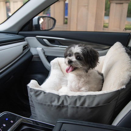 Best Pet Supplies Elevated Dog Car Seat for Small Dogs, Booster Seat with Safety Tether & Storage, Washable Travel Pet Seat for Front or Back Seat, Up to 25 lbs - Gray - 21 x 20 x 14