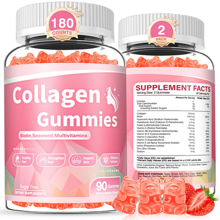 WyuuKi 180 Count Collagen Gummies Collagen Protein Type I II III V X with Biotin Vitamin C A B D E Keratin Hyaluronic Acid for Hair Skin Nails Joint Immune Digestion Women Men Sugar Free Strawberry