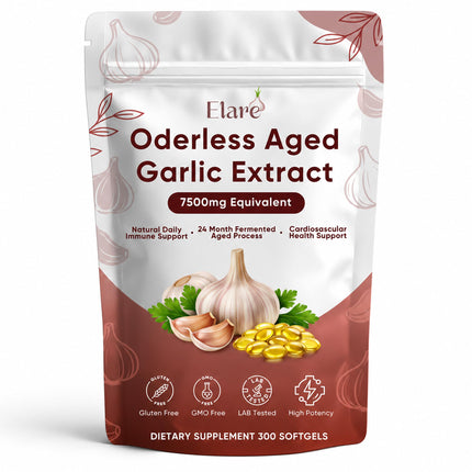 Elare Aged Garlic Extract - 300 Odorless Garlic Extract Softgels, 2-Year Matured, Heart & Immune Antioxidant Supplements, Vegetarian, Non-GMO, All-Natural, Gluten-Free
