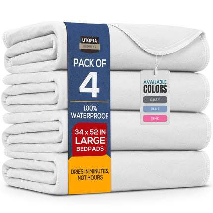 Utopia Bedding Washable Underpads 34" x 52" (Pack of 4), Waterproof Reusable Heavy Absorbency Incontinence Bed Pads for Adults, Kids, Elderly and Pets, Bedwetting Pads for Sofa and Couch (White)