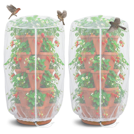 Warmfarm 2 Pcs Vertical Plant Pot Insect Netting,5-Tier Stackable Planter Garden Net Cover for Strawberry, Planter Pot Protection Mesh with Drawstring for Strawberry Herb Vegetable Flower Fruit