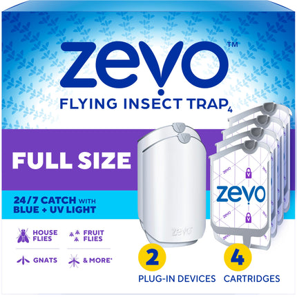 Zevo Flying Insect Traps - Plug-in Indoor Fly Trap and Bug Light Trap Refill with Blue and UV Light - No-Mess Cartridge for House Flies, Fruit Fly Trap and Gnats (2 Plug-in Bases and 4 Cartridges)