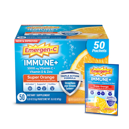 Emergen-C Immune+ Triple Action Immune Support Powder, BetaVia (R), 1000mg Vitamin C, B Vitamins, Vitamin D and Antioxidants, Super Orange – 50 Count