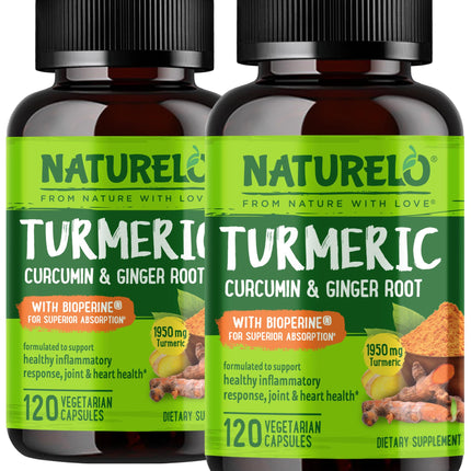 NATURELO Turmeric Curcumin - BioPerine for Better Absorption - Black Pepper, Ginger Root, Curcuminoids - Plant-Based Joint Discomfort Support - 120 Vegan Capsules (Pack of 2)