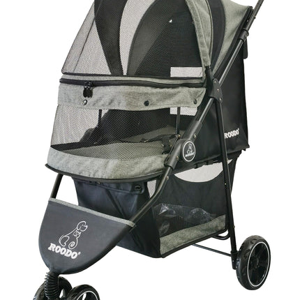 ROODO 3 Wheel Dog Pet Cat Stroller Best Lightweight Foldable Compact Portable Jogger All Terrain Travel Pet Gear Puppy Kitty Stroller for up to 30lbs Medium Small Dogs and Cats(Cationic ash)