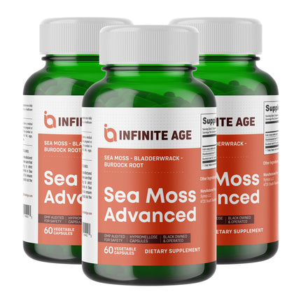 INFINITE AGE 3 Pack of 1250mg Sea Moss Advanced Superfood Capsules, 180 Count - High-Potency, Vegan, Made in The USA - Irish Seamoss, Bladderwrack, Burdock Root - Overall Health, Immunity Support