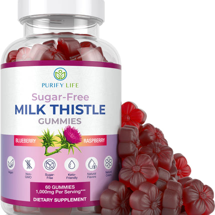Sugar-Free Milk Thistle Gummies for Liver Cleanse Detox & Repair (Natural Blueberry-Raz Flavor) Cardo Mariano, Cleansing Milk Thistle Supplement, Antioxidant Support, Vegan, Replaces Pills & Capsules