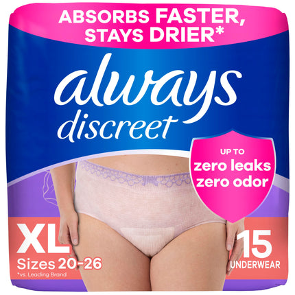 Always Discreet Adult Diapers for Women, Incontinence Underwear, Postpartum Essentials, Disposable Briefs, Max Absorbency, Bladder Leak Protection, Extra Large/XL, 15ct