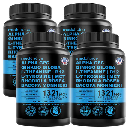 12-in-1 Nootropic Brain Supplement Anhydrous: Ginkgo Biloba for Brain Support, Memory and Focus - B12, Alpha GPC, L Theanine and Choline Supplements with Bioperine Non Caffeinated 1321mg (240ct)