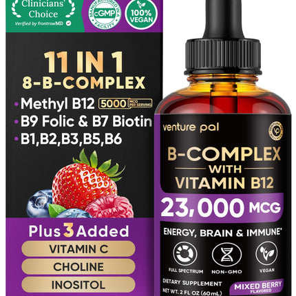 Venture Pal Vitamin B Complex Liquid Drops, B12 Methylcobalamin | B9 Folic | B1,B2,B3,B5,B6,B16 - Vitamin C, Choline, Inositol, Immune & Energy Metabolism, Brain & Heart Support