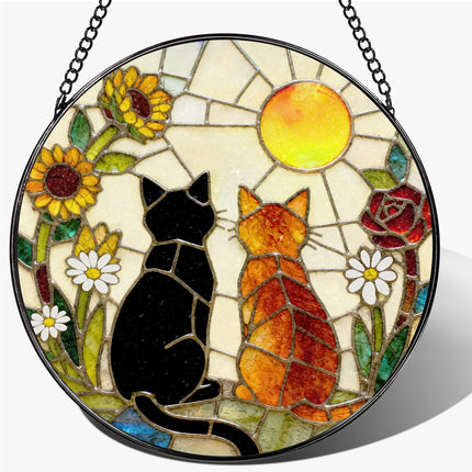 Stained Glass Window Hanging, 7.8" Charming Cat Couple Garden Suncatcher, Sun Catchers Indoor Window Ornament, Suncatchers for Windows, Doors & Home Decor, Gifts for Women, Men, Cat Lover & Pet Lover