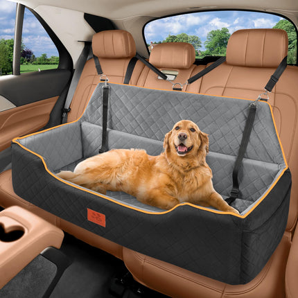 XIEEAOZEE Large Dog Car Seat for Dods Under 100 Lbs, Memory Foam Dog Car Bed for Backseat & Trunk, Detachable and Washable Cover, Pet Travel Seat with Storage Pockets, 2 Safety Belts