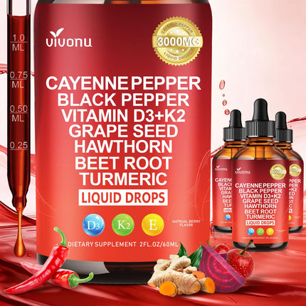 VivoNu Cayenne Pepper Softgels Supplement, Supports Leg Vein, Heart and Blood Vessel Health, with Vitamin E D3+K2 and Extracts of Grape Seed, Hawthorn, Beetroot, Berberine (Drops /3 Bottle)