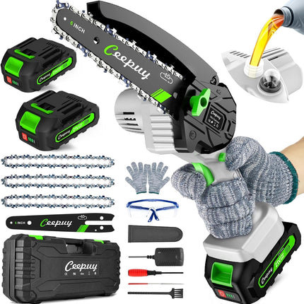 CEEPUY Mini Chainsaw Cordless,6 Inch Portable Electric Chainsaw with 2 Batterys/Automatic Oiler/Security Lock/Powered Small Handheld Saw for Trees Branches Trimming,Gifts for Father Men Dad Husband