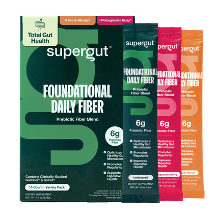 Supergut Foundational Daily Fiber, Vegan & Sugar Free Prebiotic Powder Blend for Gut Health & Digestive Support, Plant Based Supplement for Men & Women with 6g of Fiber, Variety Pack, 15 Stick Packs