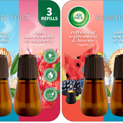 Air Wick Essential Mist Refill Multipack - Watermelon & Berries, Sea Spray & Breeze, Honeysuckle & Raspberry (Pack of 6)