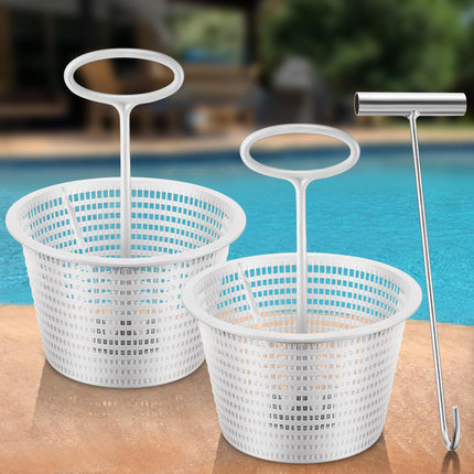 Saillong 2 Set 8" Pool Skimmer Basket for Inground Pool with 2 Skimmer Baskets Handle and 1 Stainless Steel Hook, White Universal Pools Filter Basket Skimmers for Debris Removal, Keep Hands Clean